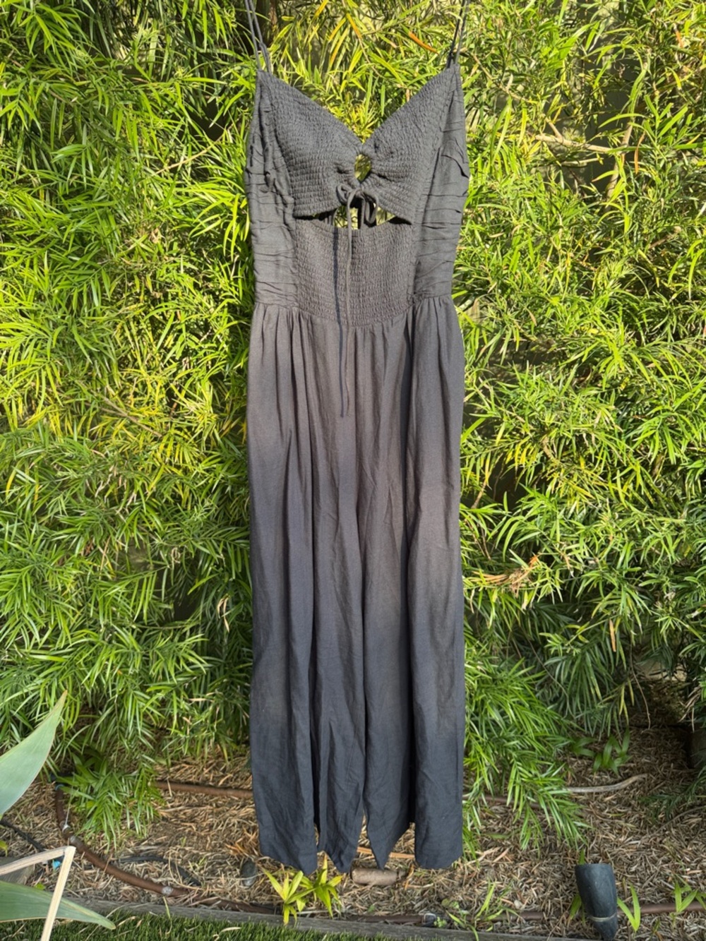 Free People Black Linen Smocked Jumpsuit with Tie-Back